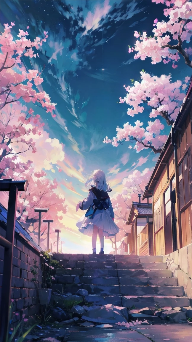 Girl looking up scene 1: Shadow of the cherry blossoms at dusk A girl stands quietly with the sky behind her, Dyed azure. 彼女の目の前にそびえ立つのはバベルのtowerと呼ばれる巨大な桜だ. The Shape, Like piercing the clouds, It&#39;s like it&#39;s reaching the sky. The girl&#39;s gaze is directed towards the top of the cherry tree.. tower, Bathed in the morning light, Creates a fantastic atmosphere. The surface of the cherry tree has intricate patterns engraved on it.. Old-fashioned. The girl seemed to sense something deep within the cherry blossoms.. Is it a memory of a classic story?、Or is it a longing for an unknown fantasy world?? Scene 2: Memories of the starry sky, with countless stars twinkling in the blue sky、少女はtowerの頂上に立つ. At her feet, The city lights shine like jewels. The girl closes her eyes and takes a deep breath. 春風の匂いとtowerの古い匂いが混じる. The girl&#39;s mind replayed a famous story. The girl read a story of adventure and friendship.。 . The main character of the story, Like a girl, バベルのtowerに登りました. There, She met her friends、Overcoming various difficulties. One day the girl had a dream。, Like the main character, I&#39;ll go on an adventure. Scene 3: 朝焼けの約束 朝日の光がtowerを照らす頃、少女はtowerを出た. think back, towerは朝日に輝いて神々It even seemed. 少女はいつかまたこのtowerに登ると決めた. And she, She vows to tell the rest of the story. step by step, The girl walked into the future,Cherry blossom trees,Falling cherry blossoms
