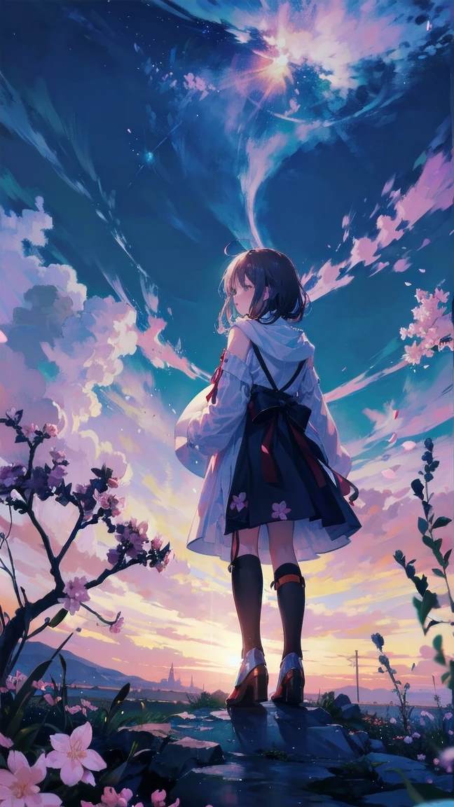 Girl looking up scene 1: Shadow of the cherry blossoms at dusk A girl stands quietly with the sky behind her, Dyed azure. 彼女の目の前にそびえ立つのはバベルのtowerと呼ばれる巨大な桜だ. The Shape, Like piercing the clouds, It&#39;s like it&#39;s reaching the sky. The girl&#39;s gaze is directed towards the top of the cherry tree.. tower, Bathed in the morning light, Creates a fantastic atmosphere. The surface of the cherry tree has intricate patterns engraved on it.. Old-fashioned. The girl seemed to sense something deep within the cherry blossoms.. Is it a memory of a classic story?、Or is it a longing for an unknown fantasy world?? Scene 2: Memories of the starry sky, with countless stars twinkling in the blue sky、少女はtowerの頂上に立つ. At her feet, The city lights shine like jewels. The girl closes her eyes and takes a deep breath. 春風の匂いとtowerの古い匂いが混じる. The girl&#39;s mind replayed a famous story. The girl read a story of adventure and friendship.。 . The main character of the story, Like a girl, バベルのtowerに登りました. There, She met her friends、Overcoming various difficulties. One day the girl had a dream。, Like the main character, I&#39;ll go on an adventure. Scene 3: 朝焼けの約束 朝日の光がtowerを照らす頃、少女はtowerを出た. think back, towerは朝日に輝いて神々It even seemed. 少女はいつかまたこのtowerに登ると決めた. And she, She vows to tell the rest of the story. step by step, The girl walked into the future,Cherry blossom trees,Falling cherry blossoms
