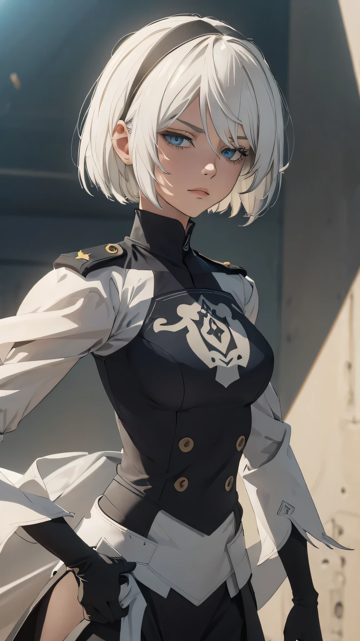 extremely detailed CG unity 8k wallpaper), (masterpiece), (best quality), (ultra-detailed), (best illustration), (best shadow), (absurdres) ,(detailed eyes), 2b, 1girl, short hair, white hair, solo, Intimidating women, admiral uniform, night, hero pose, white clothes, General Uniform, Military Uniform, Sunlight, exposed to sunlight,commander, fighting pose, wearing cape