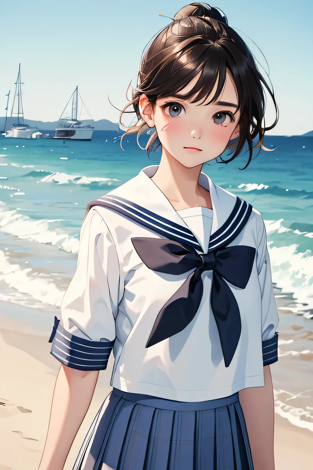 (highest quality:1.4)、High resolution、detailed background)、(detailed beautiful face:1.4)、anatomically correct、detailed facial expressions、realistic、Beautiful Teenage Girl、brown hair、bob cut、ponytail、From the side、Zoom in on shoulders、Looking into the distance with a sad face、upper body only、pier、The wind is blowing、Emphasize feminine silhouettes、cute eyes、(Cute color sailor suit、white sailor collar:1.2)、plaid pleated mini skirt