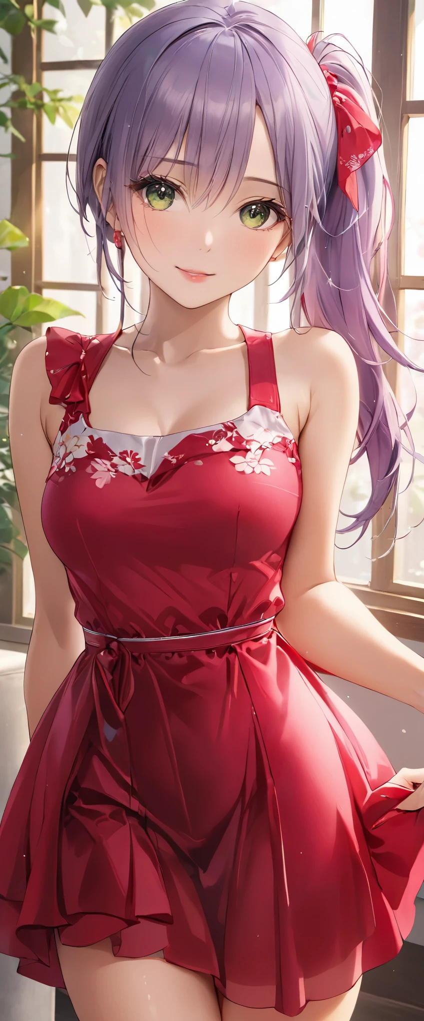 (masterpiece,highest quality,超A high resolution),japanese woman, (((Very beautiful 25 year old girl))), pretty girl、look at the photographer、 ((beautiful low ponytail)), super cute face, glossy lips, double eyelids in both eyes,natural smile、 natural makeup, long eyelashes, Shiny and smooth hair、center image, perfect limbs, perfect anatomy,(((dress))、party venue,Pose with movement