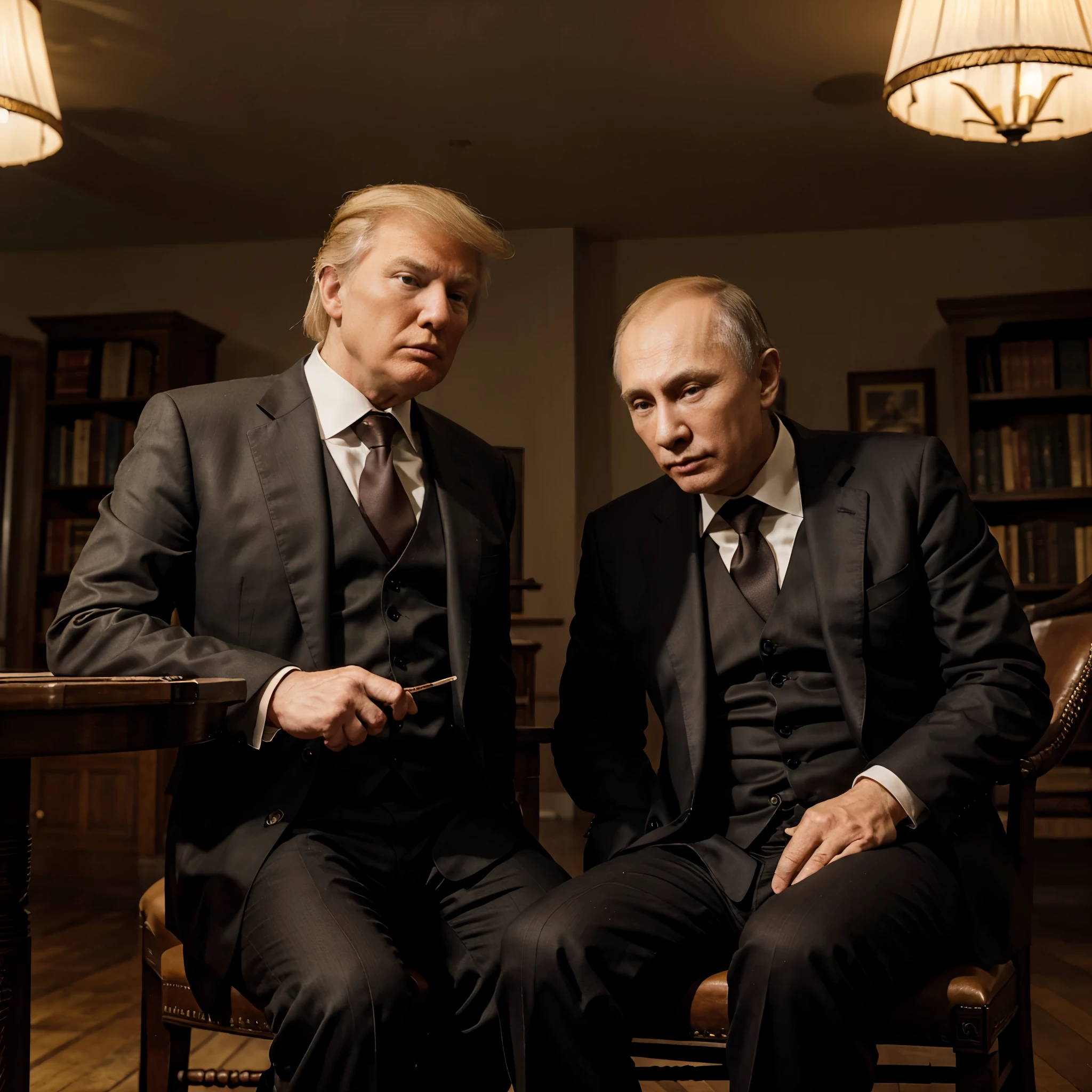 In the low-light library, Two men sitting on antique leather chairs, ((Donald Trump and Vladimir Putin)), size of Donald Trump:1.2, Facing each other,Among them, There is a wooden table,The first man is an old old man, And the other is young, With an atmosphere of concentration in the discussion between them and a deep look, Wear a black suit, The young man smokes with a curious and enthusiastic expression, focus, Contrast lighting, delicate skin,Cinematic, HD , details , Realistic, Get to know a professional photo, soft lighting, highs quality, Best Quality,