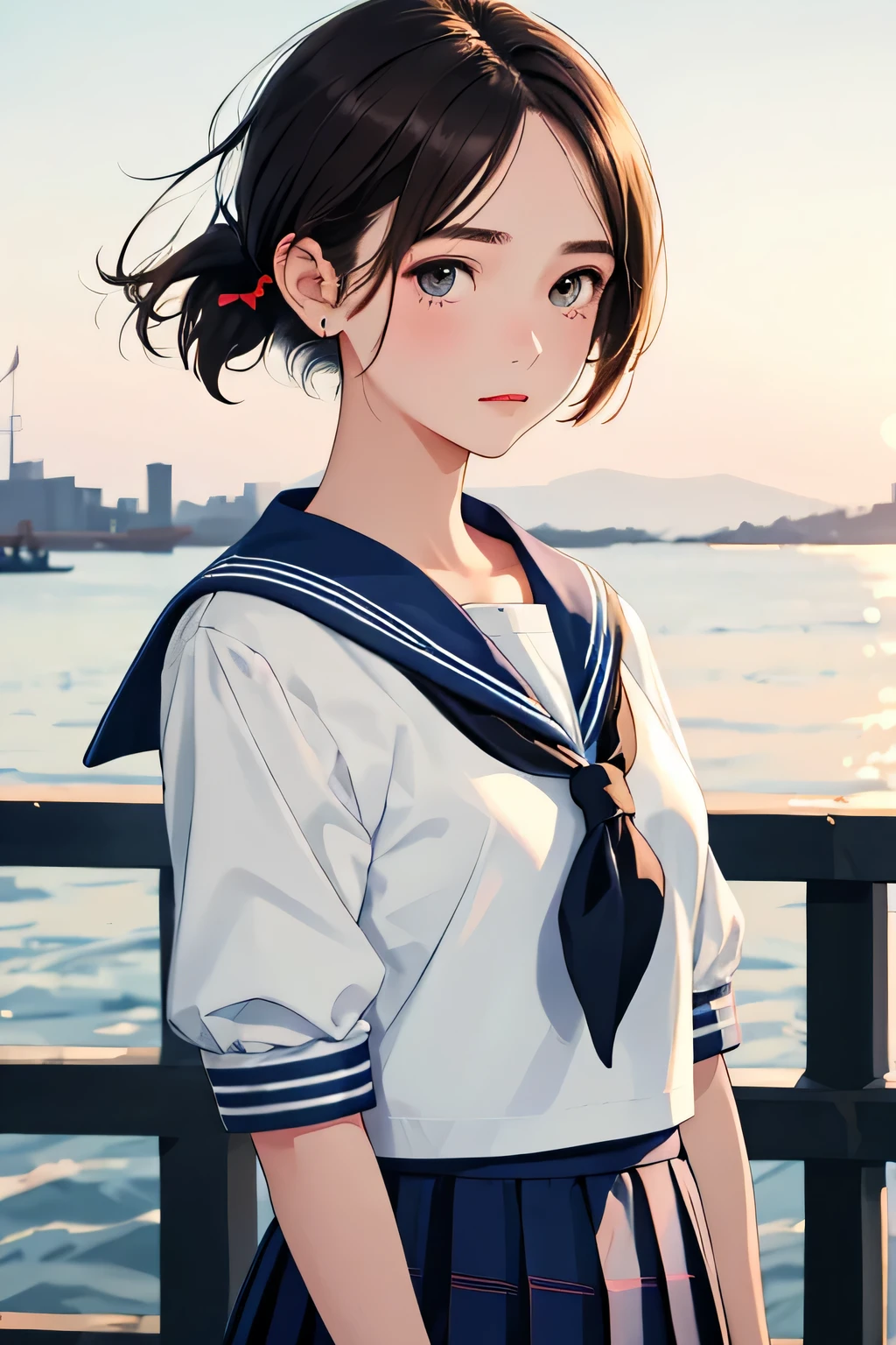(highest quality:1.4)、High resolution、detailed background)、(detailed beautiful face:1.4)、anatomically correct、detailed facial expressions、realistic、Beautiful age Girl、brown hair、bob cut、ponytail、From the side、Zoom in on shoulders、Looking into the distance with a sad face、upper body only、pier、The wind is blowing、Emphasize feminine silhouettes、cute eyes、(Cute color sailor suit、white sailor collar:1.2)、plaid pleated mini skirt