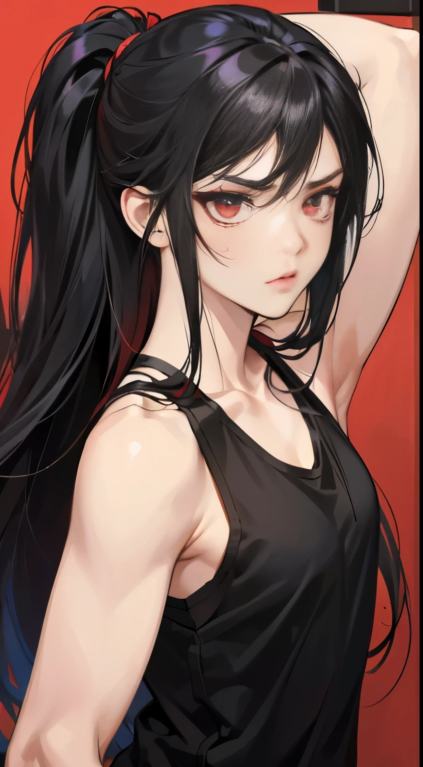 (Best Quality,4K,High resolution), girl with, Red mesh hair on black hair, Long straight hair, sharp eye,glares、Red Eyes、eye liner、Girl in black tank top,Delicately expresses realistic muscle texture down to the smallest detail、comic strip,animesque、boxing、Uppercut Pose,Depiction like a scene from a battle manga、