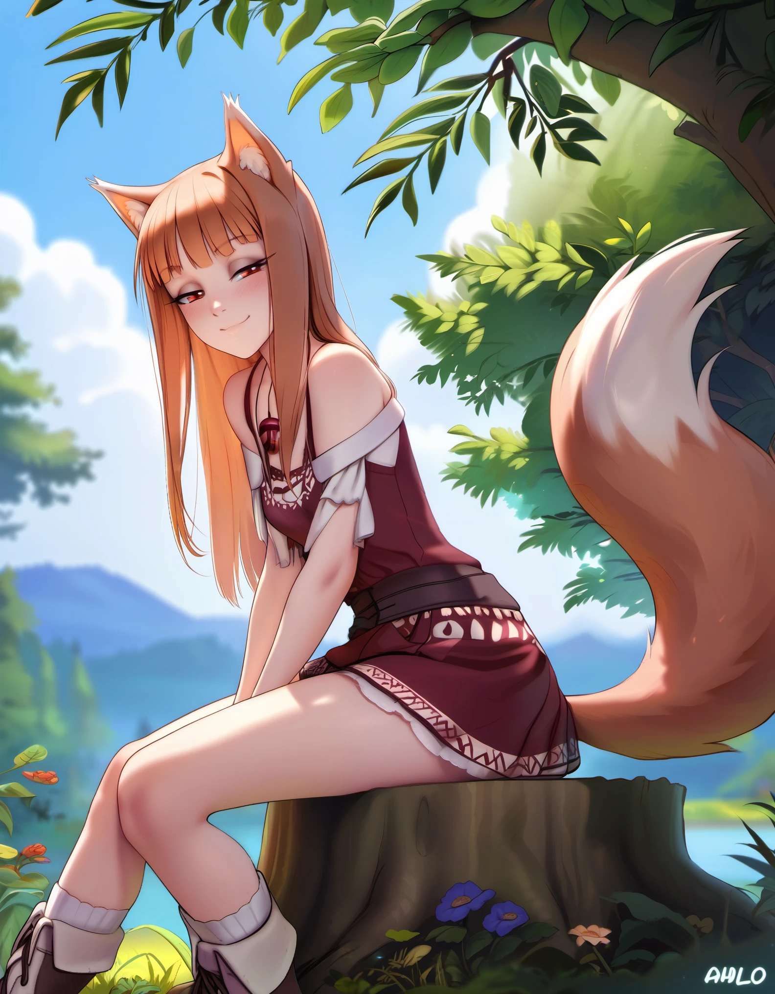 1girl, holo, animal ears, brown hair, long hair, red eyes, wolf ears, wolf girl, small breasts, wolf tail, spice and wolf, BREAK
sitting, looking at viewer, (half-closed eyes), seductive smile, BREAK
day, bare tree, outdoors, tree, tree stump, BREAK
score_9, score_8_up, score_7_up, score_6_up, 