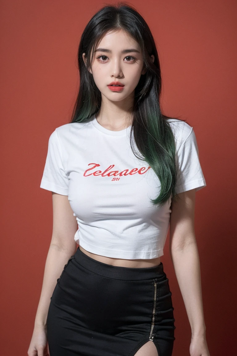 Hyper-realistic, highly detailed, Very cute female, Blushing, 70mm lens, thick curvy slim body shape, small breasts. Pose sitting. Hyper-realistic, highly detailed, Very cute female, bright red hair, green eyes, Blushing, 70mm lens, thick curvy slim body shape. Pose Laying down star eye, blush, perfect illumination, red hair, unreal engine, sidelighting, detailed face, bangs, bright skin, dark background, hyper realistic, white woman,fire red hair, long straight hair, medium make up, green eye color, bright red smokey eyeshadows, huge eyelashes, red lips, wearing t shirt mini striped skirt.