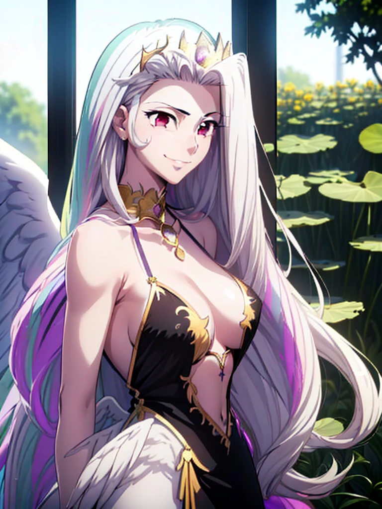 gran calidad ++ Extremely detailed high resolusionolution, very aesthetic, ojos expresivos, (((Cara perfecta))), (((face symmetrical))), ((good anatomy)), (((manos perfectas))), (((8k))), UHD, Fondo de pantalla HD, (((alta calidra detallada, (((((1girl)))))), solamente, Obra maestra, La mejor calidad, high resolusion, Altamente detallado, (illustration), hermosos ojos detallados, (((combatant))), (((1girl))), ((((cuerpo completo)))), (((((((irisviel von einzbern)))))), (((IrisvielBlackGrai))), (((((princess_celestia)))), ((((forma humana)))), (((((smile))))), ((princesa celestia humanizada)), Celestia, Celestia de My Little Poni, celestia en forma de milf, Cabello largo y ondulado, (((red eyes))), ((((((black dress)))))), (((purple heart promise))), (((white dress))), (((milfication))), (((mature female))), (((gigantic breasts))), (((white pony ears))), (((Dedos detallados))), (((white wings on the back))), (((cuerno de unicornio))), (((Dedos precisos))), Manos no antinaturales, strange eye, columnas griegas, exterior, hermoso bosque majestuoso, hojas de parra rodeando las columnas, arbustos de flores por todas partes, cielo despejado, bright sunny day, water lilies, bosque celestial, (((mirada cara a cara))),