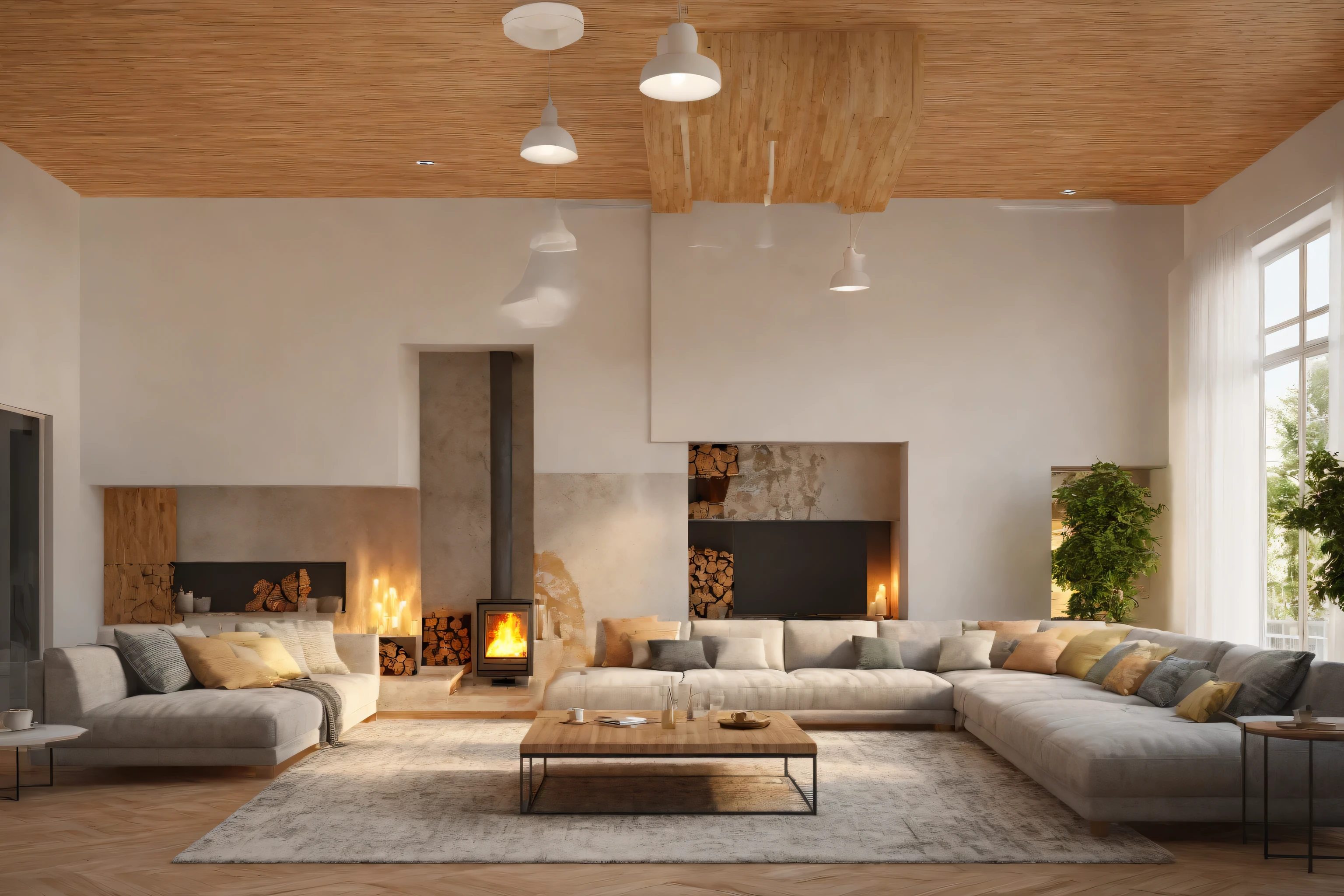 High resolution photography interior design, cozy living room ,open fire, plain carpeeted floor, small windows opening onto the garden, comfortable furniture and decoration, high ceiling, cozy atmosphere; 8k, intricate detail, photorealistic, realistic light, wide angle, 