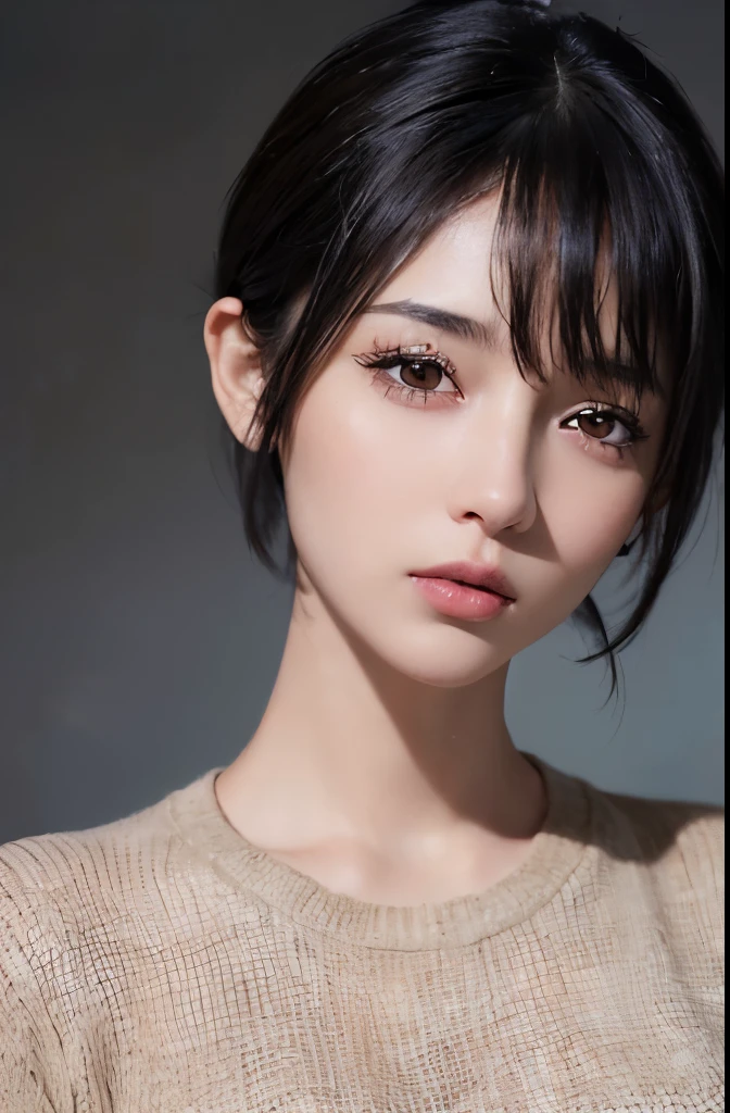 (masterpiece:1.3), (8K, realistic, Raw photo, highest quality: 1.4), (1 girl), beautiful face, (realistic face), (black hair, short hair:1.3), beautiful hairstyle, realistic eyes, detailed and beautiful eyes, (realistic skin), beautiful skin, (sweater), disorganized, Charm, ultra high resolution, surreal, very detailed, golden ratio