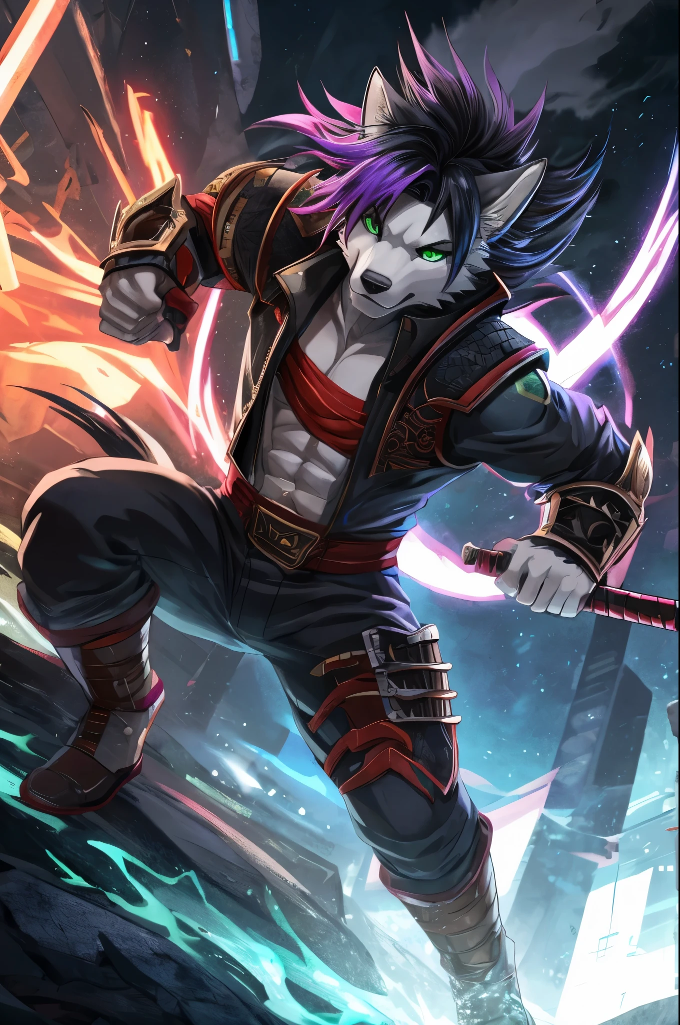 (best quality,4K,8K,highres,masterpiece:1.2),ultra-detailed,sexy furry Wolf boy with well toned abs,wolf snout, wolf ears,Wolf tail,cyberpunk samurai,purple highlights in hair,black hair,punk hairstyle,sharp focus,professional,vivid colors,studio lighting,dark atmosphere,lit by moonlight,glowing green eyes,expressive,sexy samurai armor,dynamic movement,mysterious background scenery,sinuous motion,intense fight scene with flying cherry blossoms,(huge penis,Crying face,Face contorted in pain,Semen dripping from penis,profuse sweat and drool,,Well-trained muscles like a bodybuilder,Erect penis),Group Sex,2boy~6boy,A face drowning in sexual desire,Bigger muscles,Blowjob