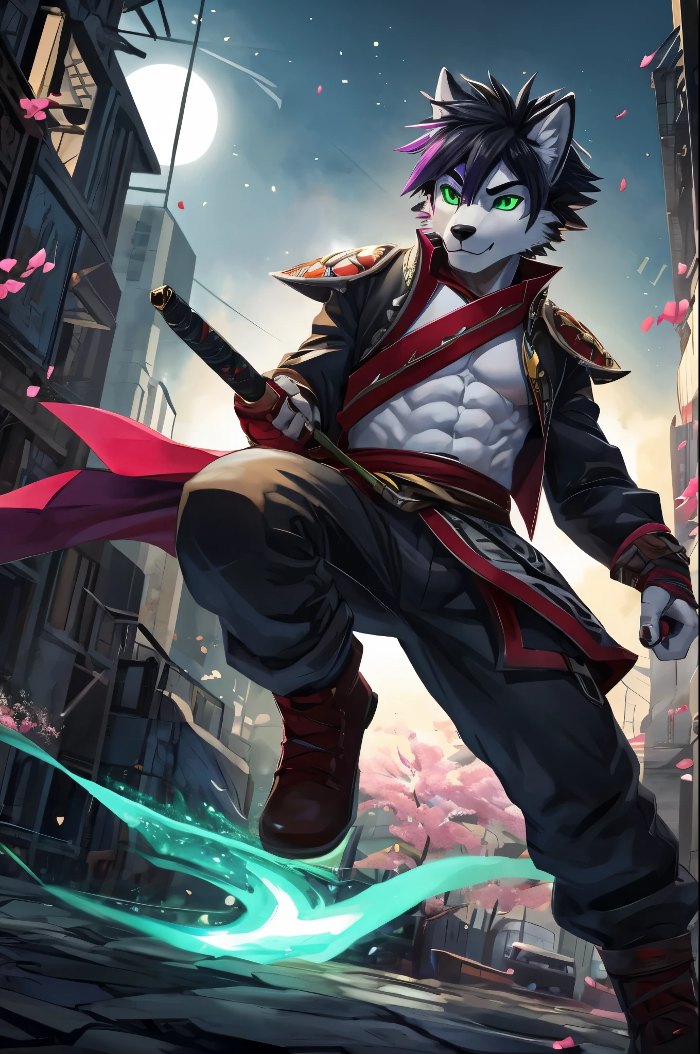 (best quality,4k,8k,highres,masterpiece:1.2),ultra-detailed,sexy furry Wolf boy with well toned abs,wolf snout, wolf ears,wolf tail,cyberpunk samurai,purple highlights in hair,black hair,punk hairstyle,action pose with katana,sharp focus,professional,vivid colors,studio lighting,dark atmosphere,lit by moonlight,glowing green eyes,expressive,sexy samurai armor,dynamic movement,mysterious background scenery,sinuous motion,intense fight scene with flying cherry blossoms