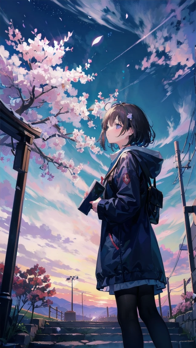 Girl looking up scene 1: Shadow of the cherry blossoms at dusk A girl stands quietly with the sky behind her, Dyed azure. 彼女の目の前にそびえ立つのはバベルのtowerと呼ばれる巨大な桜だ. The Shape, Like piercing the clouds, It's like it's reaching the sky. The girl's gaze is directed towards the top of the cherry tree.. tower, Bathed in the morning light, Creates a fantastic atmosphere. The surface of the cherry tree has intricate patterns engraved on it.. Old-fashioned. The girl seemed to sense something deep within the cherry blossoms.. Is it a memory of a classic story?、Or is it a longing for an unknown fantasy world?? Scene 2: Memories of the starry sky, with countless stars twinkling in the blue sky、少女はtowerの頂上に立つ. At her feet, The city lights shine like jewels. The girl closes her eyes and takes a deep breath. 春風の匂いとtowerの古い匂いが混じる. The girl's mind replayed a famous story. The girl read a story of adventure and friendship.。 . The main character of the story, Like a girl, バベルのtowerに登りました. There, She met her friends、Overcoming various difficulties. One day the girl had a dream。, Like the main character, I'll go on an adventure. Scene 3: 朝焼けの約束 朝日の光がtowerを照らす頃、少女はtowerを出た. think back, towerは朝日に輝いて神々It even seemed. 少女はいつかまたこのtowerに登ると決めた. And she, She vows to tell the rest of the story. step by step, The girl walked into the future,Cherry blossom trees,Falling cherry blossoms,beautiful bright sky