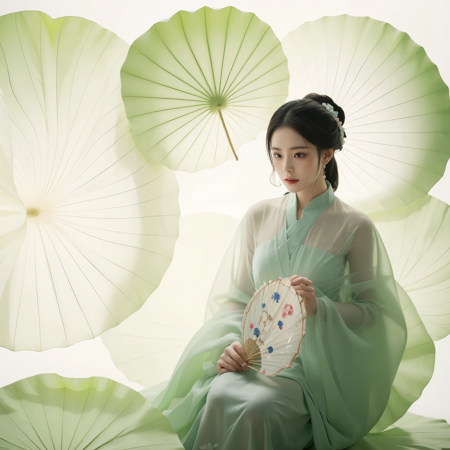 There is a woman sitting on the bed，holding fan in hand, palace ， A girl wearing Hanfu, Inspired by Tang Yin, Inspired by Tang Yifen, Inspired by Gu An, Chinese beauty, Inspired by Qiu Ying, white hanfu, hanfu, Inspired by Huang Ji, Inspired by Zhang Wo, Inspired by Zhang Yin, Inspired by ancient coins，1 girl，solo,Giant lotus leaf,black hair,dress，looking at the audience,white dress,bun，sitting，单bun，Leaves，long sleeves，red lips，Realistic