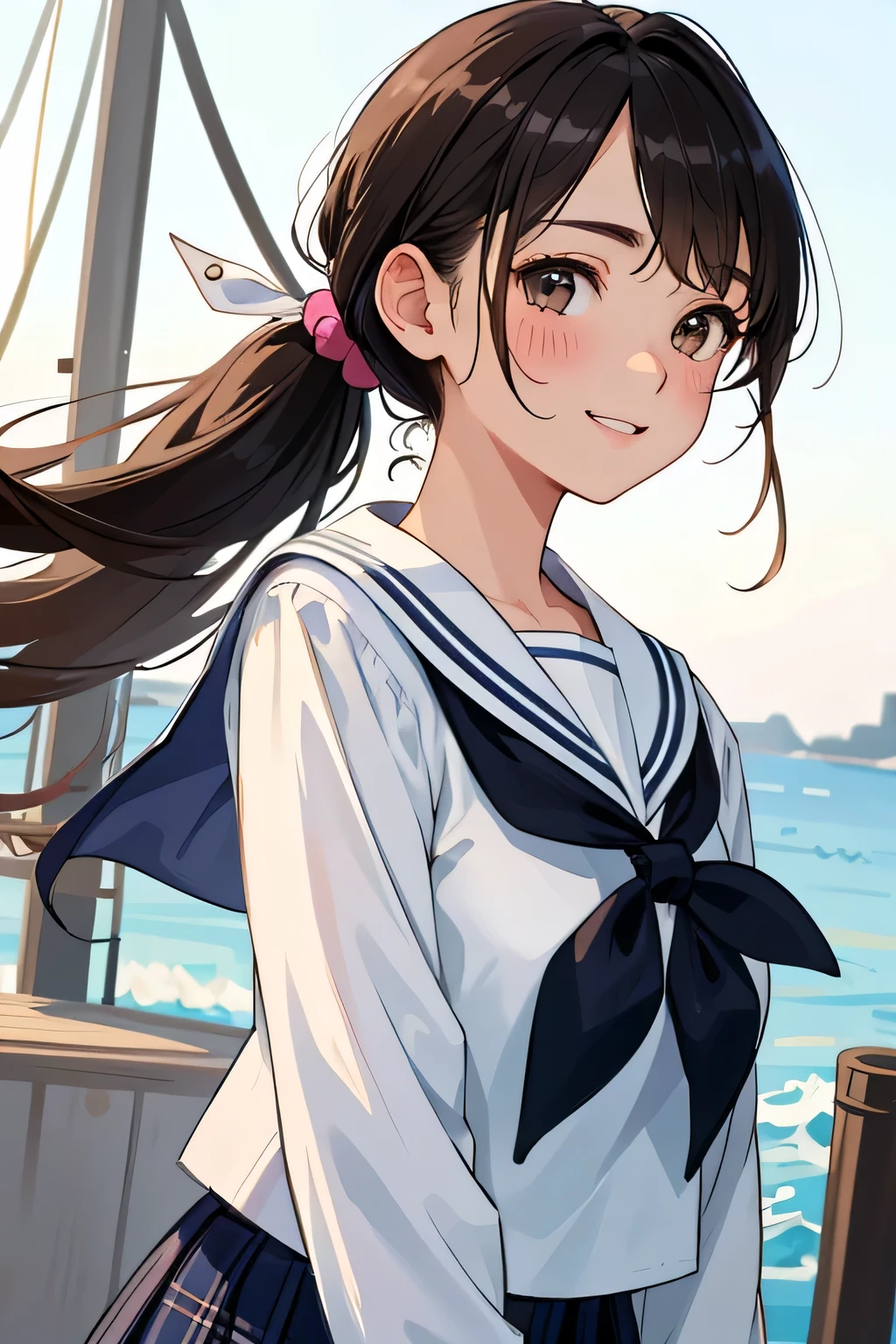 (highest quality:1.4)、High resolution、detailed background)、(detailed beautiful face:1.4)、anatomically correct、detailed facial expressions、realistic、Beautiful Teenage Girl、brown hair、ponytail、From the side、Super close-up of shoulder、look far away、upper body only、pier、The wind is blowing、Emphasize feminine silhouettes、Cute Eyes、(Cute color sailor suit、white sailor collar:1.2)、plaid pleated mini skirt、cute、A big smile