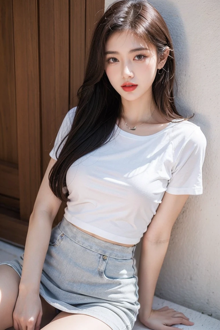 Upper body wearing tight fitted white Casual t shirt short sleeve, lower body wearing pancil knee midi skirt with slide silt