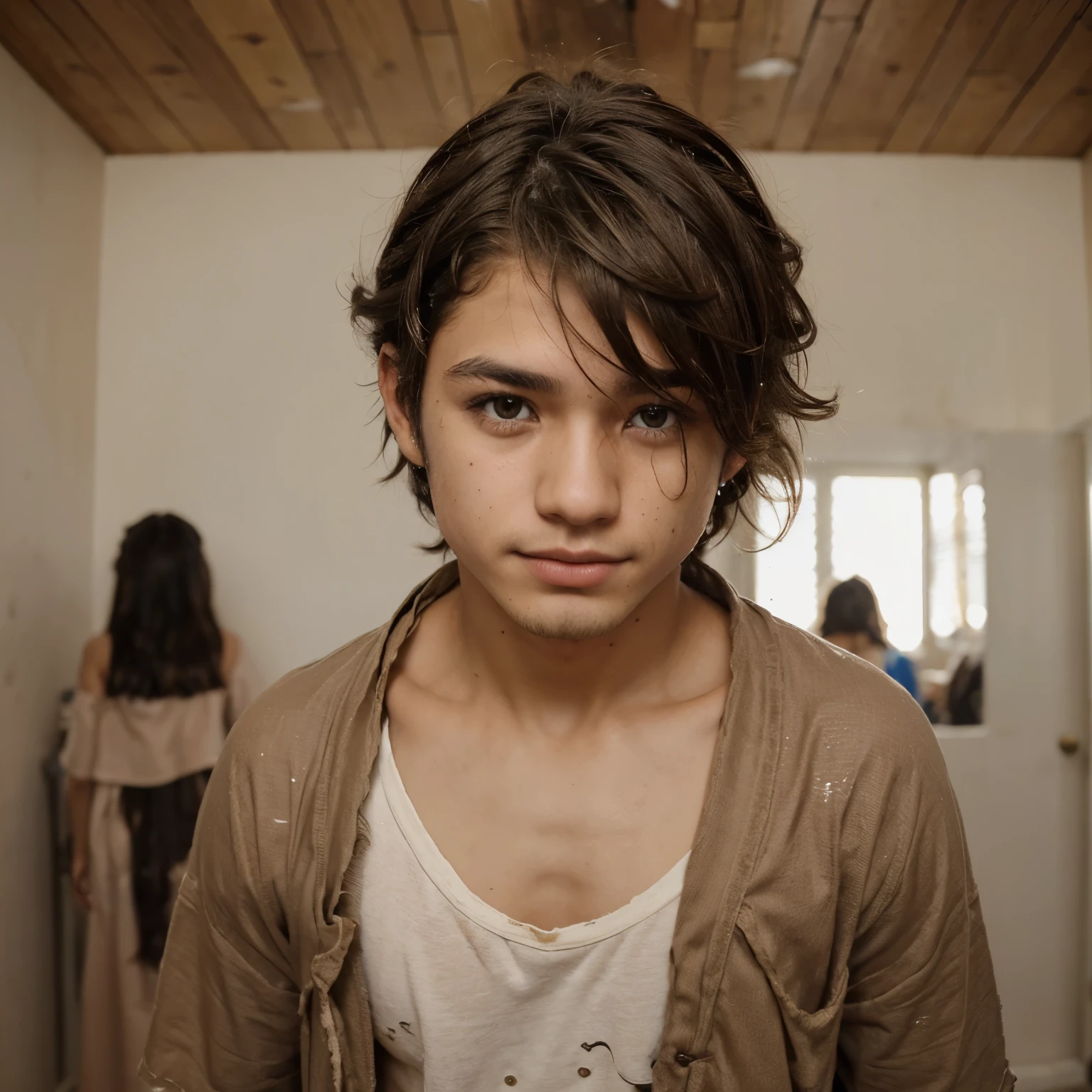 (((1 garoto))), ((((Sozinho)))), ((messy hairstyle)), standing taking a photo, (((Cabelo castanho)), olhos marroms, ((escondendo o rosto))