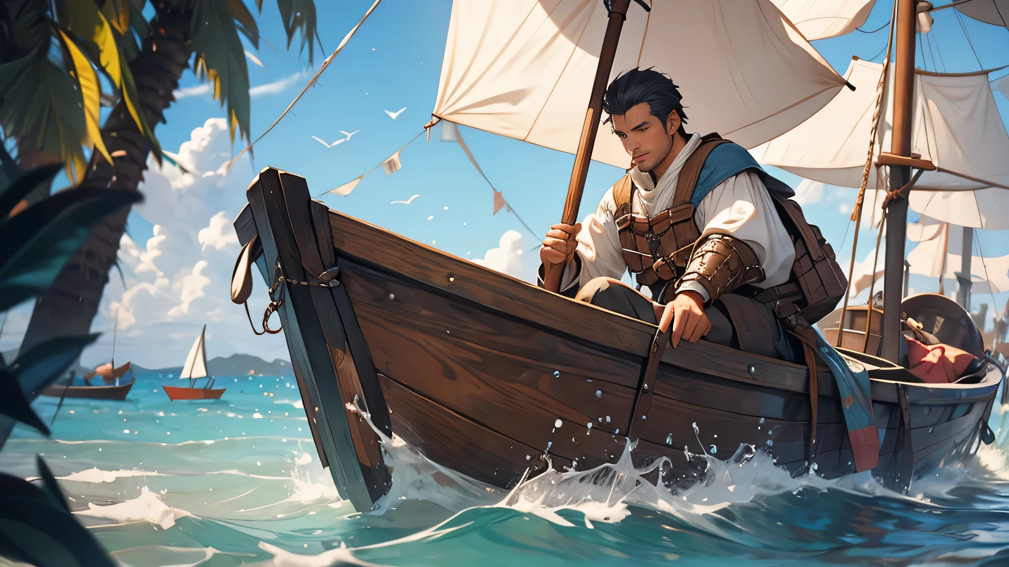A black-haired fisherman in shabby clothes navigating his small boat under the bright daylight of a medieval Fantasy world, viewed from behind. The scene captures the essence of adventure and seafaring spirit with a touch of nostalgia.