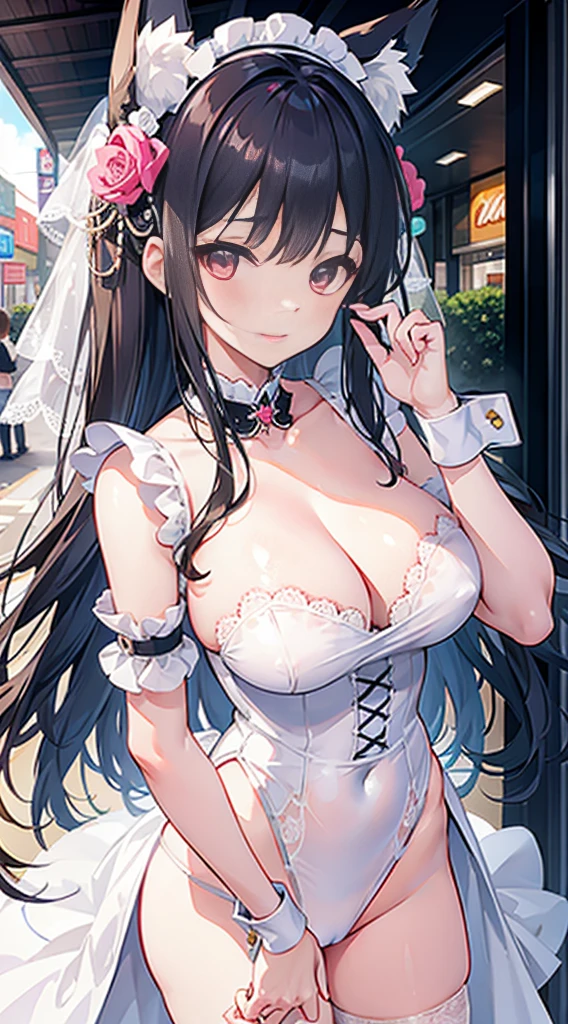 high quality, masterpiece, super detailed, 1 girl, extremely detailed faces, Wedding dress,White maid outfit,White fishnet stockings,handcuffs,collar,Calm expression,Smile,handcuffs,collar,long black hair, charming pink eyes, fox ears, Ridiculously big, shiny skin, shopping centre,Street Market