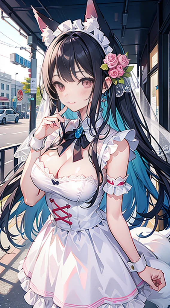high quality, masterpiece, super detailed, 1 girl, extremely detailed faces, Wedding dress,White maid outfit,White fishnet stockings,handcuffs,collar,Calm expression,Smile,handcuffs,collar,long black hair, charming pink eyes, fox ears, Ridiculously big, shiny skin, shopping centre,Street Market