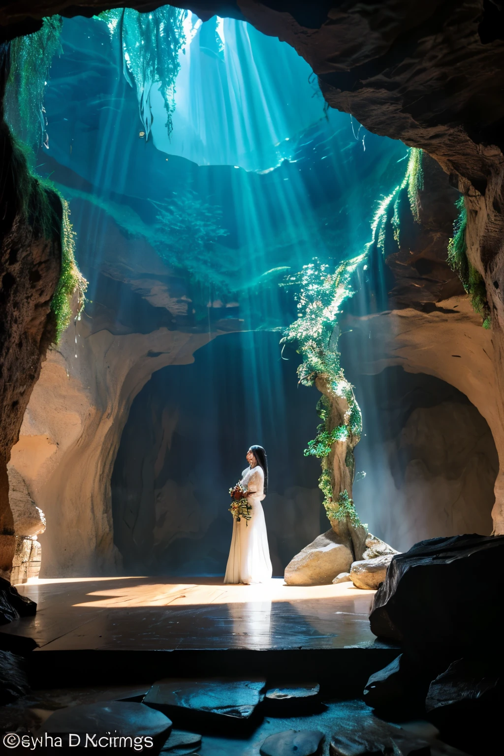 "Depict a fantasy-style room within a cave, featuring a large, captivating window similar to the previous image, filling nearly the entire side of the cave wall. This window reveals an even more enchanting and diverse mystical landscape, enhancing the magical atmosphere of the room. The natural light from the window illuminates the room's interior, showcasing the intricate details of the cave's natural formations, adorned with a variety of fantasy elements such as shimmering gemstones, mystical flora, and arcane inscriptions. The room, captured from a full-body perspective with a DSLR camera, invites the viewer into a serene yet awe-inspiring space where fantasy and reality intertwine, creating a gateway to an otherworldly adventure."quality)), ((masterpiece)), (be familiar with), perfect face