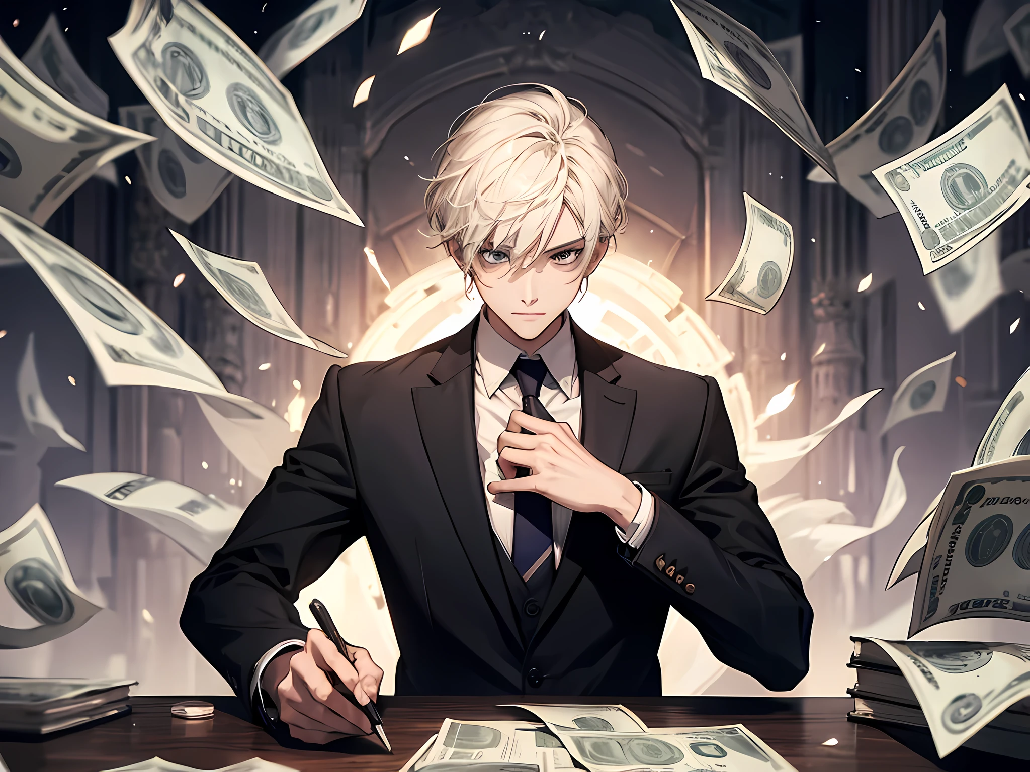 A detailed painting of a person in a suit, surrounded by a flurry of dollar bills, with the book Financial Formula in the center.
