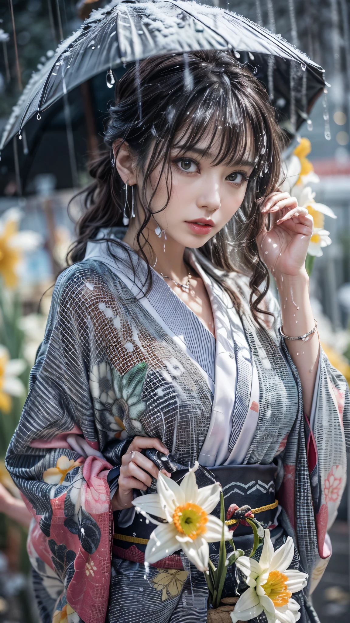(Photoreal:1.5, 8K, highest quality:1.3, masterpiece, ultra high resolution), (((heavy snow, Blizzard))), Highly detailed skin and facial textures:1.3, perfect dynamic composition:1.2, (In front of a shrine at night in a modern city, expression of sadness:1.0, Tears are flowing:1.0, cry with a broken heart:1.0), Slim office lady wet in the rain:1.2, cowboy shot, Fair skin:1.2, sexy beauty:1.1, perfect style:1.2, beautiful and aesthetic:1.1, very beautiful face:1.2, water droplets on the skin, (rain drips all over my body:1.2, wet body:1.2, wet hair:1.3), (Professional kimono dressing:1.1, Bouquet of wet daffodils in hand:1.2, Wearing a wet silver kimono correctly:1.3), (Medium chest, Bra see-through, Chest gap), (Big eyes that exude beautiful eroticism:0.8, adult charm:0.8, Bewitching:0.8), necklace, earrings, bracelet, wedding ring, Highly detailed and accurate hand and finger representation