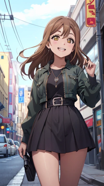 (pixel perfecto, detalle perfecto), solo, 1 chica, muy detallado, absirdres, obra maestra, illustration, juego cg, Hanamaru Kunikida, ojos ambar, cara detallada, mucama, calle de la ciudad, muslos altos, tiro de vaquero, escote, labios brillantes, sonrisa ligera