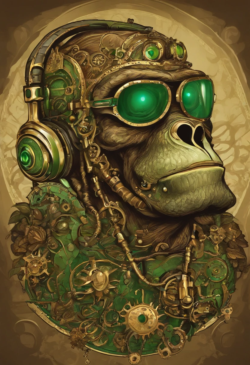 Muscular gamer ape with green eyes and green headphones 8k