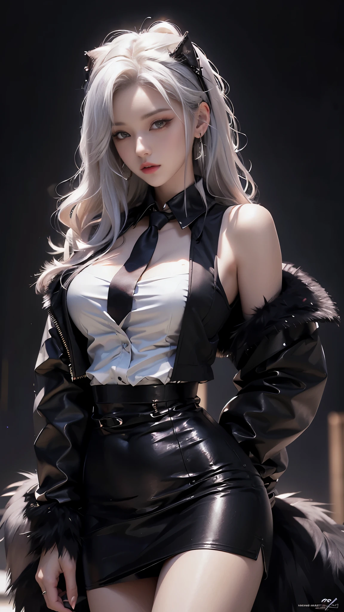 Photorealistic, high resolution, 1 Women, Solo, Hips up,Lolita costume, Beautiful eyes, White hair, ringed eyes, Collared shirt,black necktie,Black skirt, pencil skirts, Fur coat
