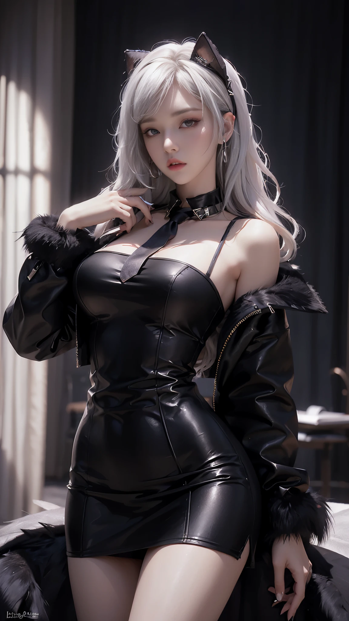 (best quality),(masterpiece), (highres), original, extremely_detailed_wallpaper, ((1women)), sit one bar chair,rabbit_ears,(hair_ornament), (huge breasts:1.2),full body, beautiful_detailed_eyes, (white_hair), long_hair, blue_eyes, (seductive_smile), ((delicate_face)), off_shoulder, playboy_bunny, black_pantyhose, high_heels,bar, ((oil_skin:1.2)),(full_body), spread legs