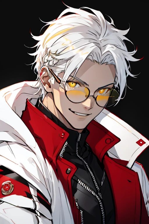  Concept ART ,human Male  ,Clear Skin ,Red lens glasses , white hair,long braided ,zip Red Coat , Black Gloves  , Cool face Smile  , ((yellow Pupils )) , Black shirt 