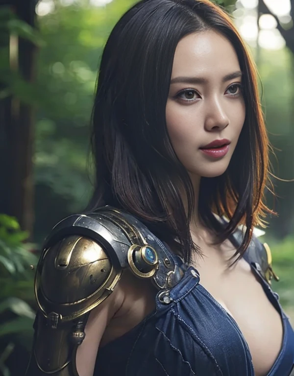 ((battle with monsters))、highest quality、masterpiece、超A high resolution、(Photoreal:1.4)、Raw photo、1 girl、golden hair、glowing skin、(((1 Mechanical Girl)))、with a beautiful knife、(blue metal bodysuit)、(beautiful forest background)、(battle with monsters)、(Small LED)、((Ultra realistic details))、Portrait、(Strong Huge Monster Background),global illumination、Shadow、octane rendering、8K、super sharp、Huge 、Raw skin exposed in cleavage、Metal、intricate decorative details、Japan details、very intricate details、realistic light、CG Society Trends、red eyes、shining eyes、towards the camera、Neon detailed mechanical limbechanical vertebrae attached to the back of the blood vessels connected to the tubes、cervical vertebrae mechanically attached to the neck、(Wires and cables connecting to the head)、gundam、Small LED、,mechanical thighs、two stock、(Hands are also made of machines)、(Attack of the monsters)、(injured in a deadly fight)、