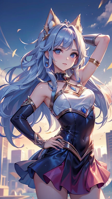 ((Mejor calidad, obra maestra, disparates)),1 chica:1.9, sexy, ( 18 years, ojos azules expresivos, cabello rubio hasta los hombros, pelo largo,Cabello suelto y esponjoso),Cosplay de Supergirl vestida (Juego de rol personalizado de Super Girl Suite), vestido rojo corto,eechi, Terraza en 1 edificio