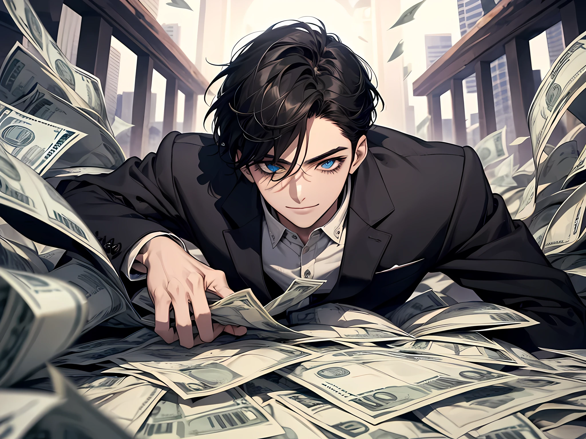 Money fell from the sky, a 24-year-old man with black hair laughed loudly, and a lot of hundred-dollar bills fell in the air, ((male)), detailed eyes, eyes finely detailed, beautiful eyes