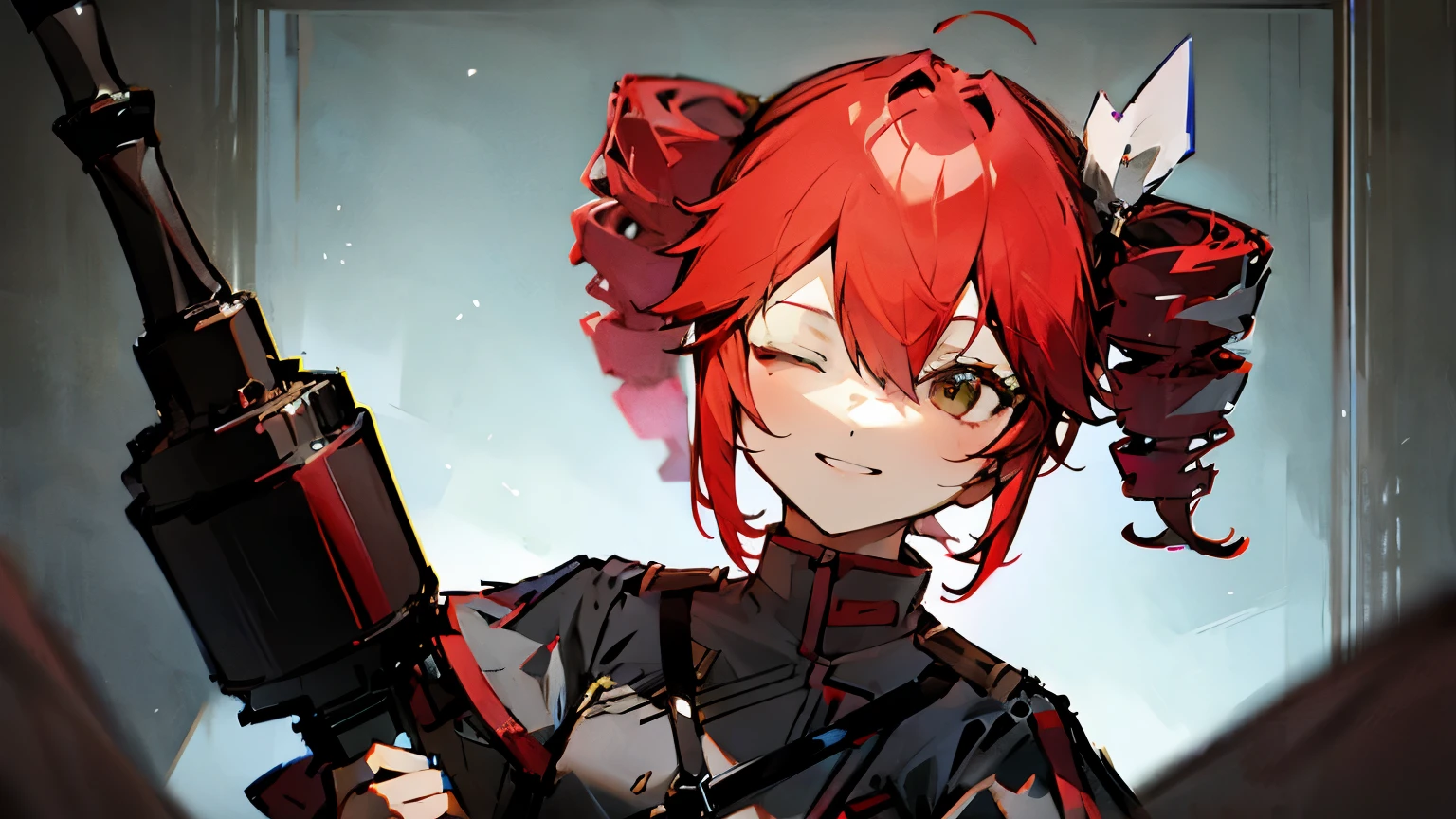 Red-haired girl with a grenade in her hand, smiling with her eyes closed