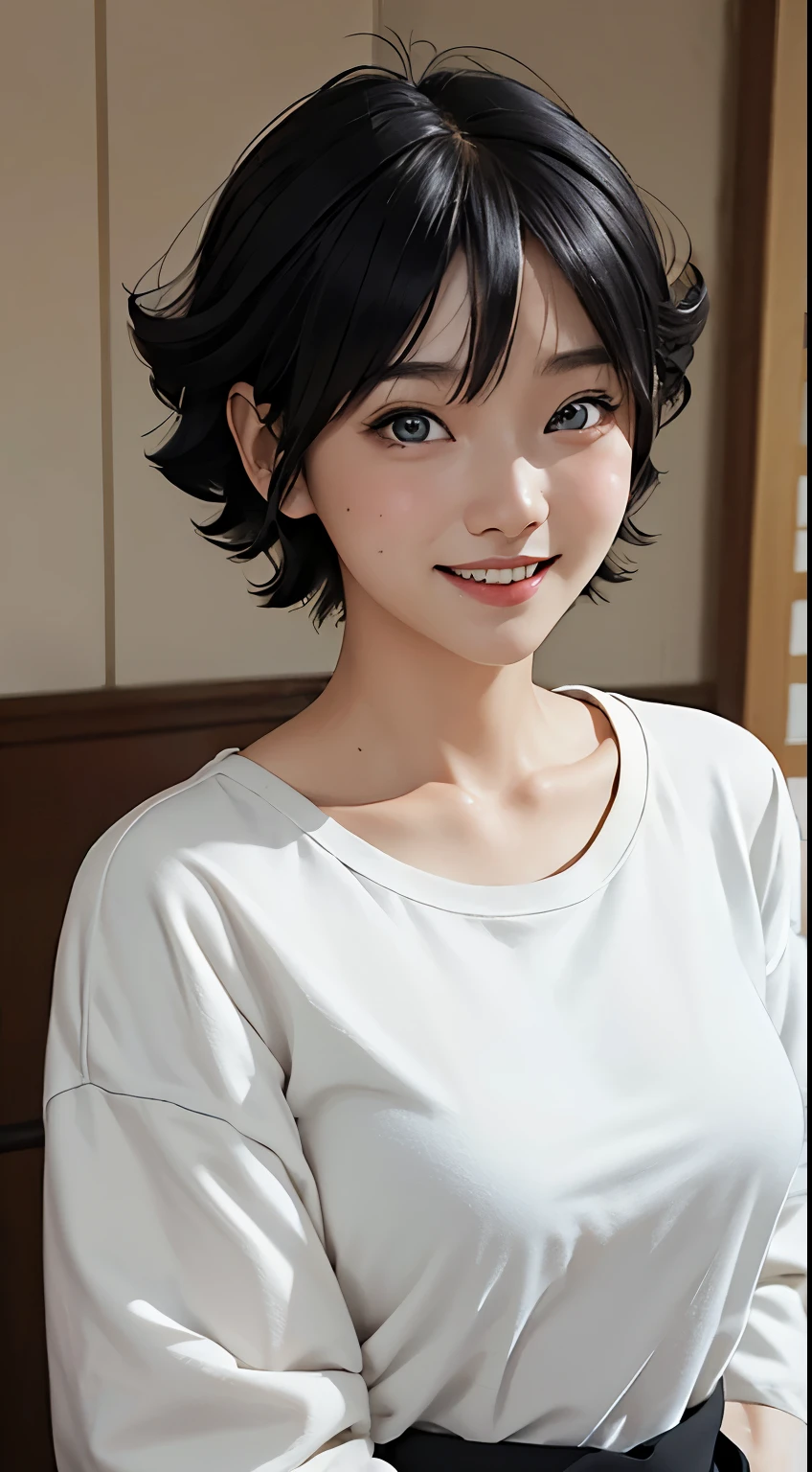 Uzumaki Himawari, an anime character, is depicted in a realistic depiction wearing a plain white t-shirt while taking a selfie with a bright and smiling expression. This work of art skillfully plays with light and shadow to enhance her natural beauty, showcasing her perfect, highly detailed features. Uzumaki Himawari's face radiates beauty, and her flawless skin is depicted with precision, complemented by stylish medium hair for a striking and realistic depiction.short perffeck .quality detailed 