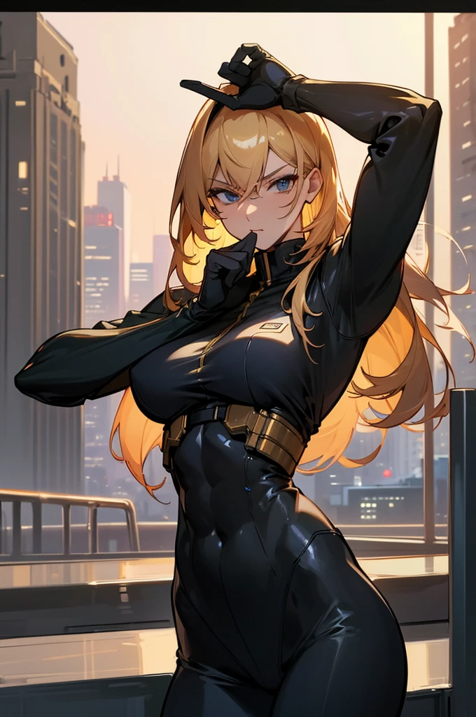(best quality,highres:1.2), tall woman, golden hair, dressed in SWAT uniform, well-defined abs, seductive gaze, sexy pose, well-proportioned and highly-detailed figure, city night scenery