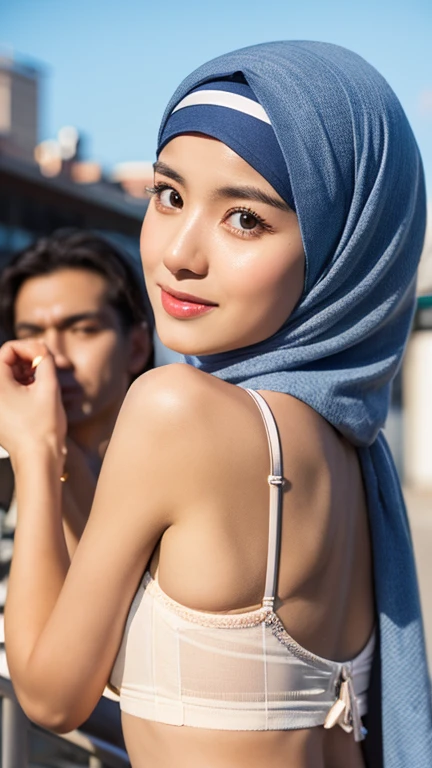 RAW photo of a 24 year old girl wearing hijab, sexy lingerie, transparant, with 8 guys, hijab face portrait, shooting film background, 8k uhd, dslr, soft lighting, high quality, film grain, Fujifilm XT3, covered dress, decent dress, huge tits:1.5, sexy lips, sexy pose, big , Prenegant