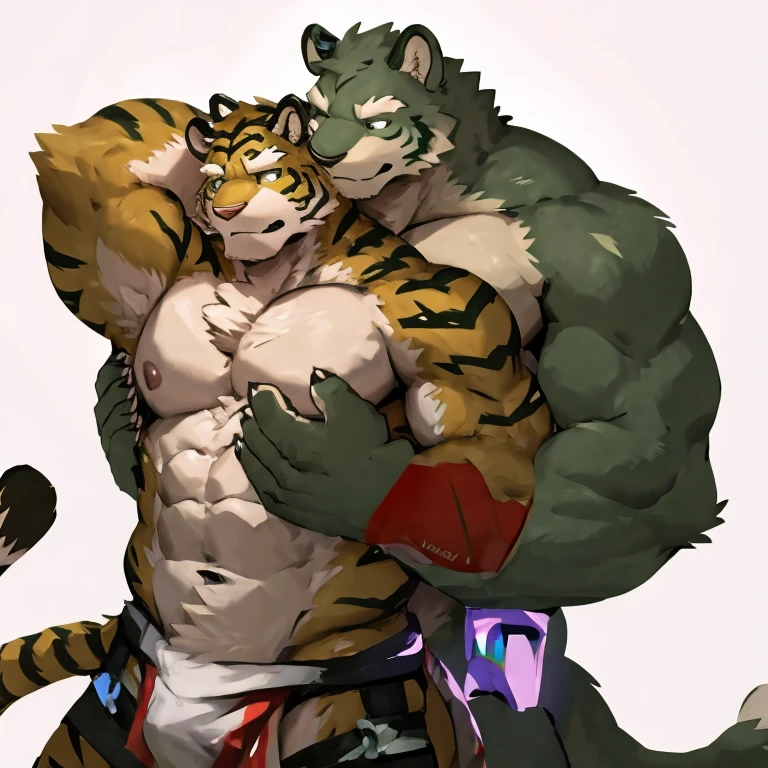 two muscular tiger , furry , muscular green tiger hug muscular tiger back, muscular green tiger stand behind, hug , white background, perfect hand, thick furry neck and  fluff, hand behind head, kiss, side view by lindong, by nullghost