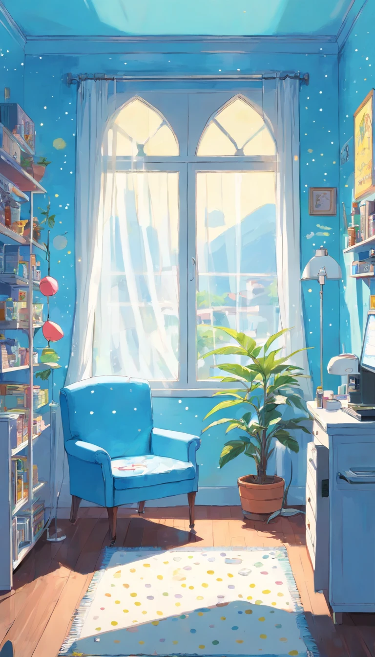 cute room、computer、light bulb、window、Chair、curtain、retro、80s 80s Neon Colors、pastel colour、(((Blue and white room)))、Polka dot pattern、lemon、80'sパターン、Round pattern、、Dot pattern、light blue and white