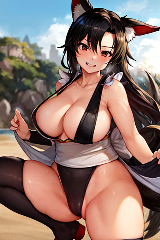 masterpiece, best quality, beautiful art, high resolution, well formed hands, body and fingers, 1 woman, solo, Imaizumi Kagerou, wolf ears and wolf tail, adult, grown up ,big breasted, cleavage, full body, black stockings, sleeveless, leotard peeking, pelvic curtain, sexy Japanese clothes, maid, hair ornament, gorgeous legs and thighs, she is fighting in a combat match at a martial arts tournament, she is getting ready to fight, making her guard pose, action and fighting scene, about to hit the viewer, looking at the viewer, sweating , feeling confident and proud, smiling joyfully and happily, charming her opponent with her beauty, bouncing breasts, fighting scene, martial arts tournament on the beach