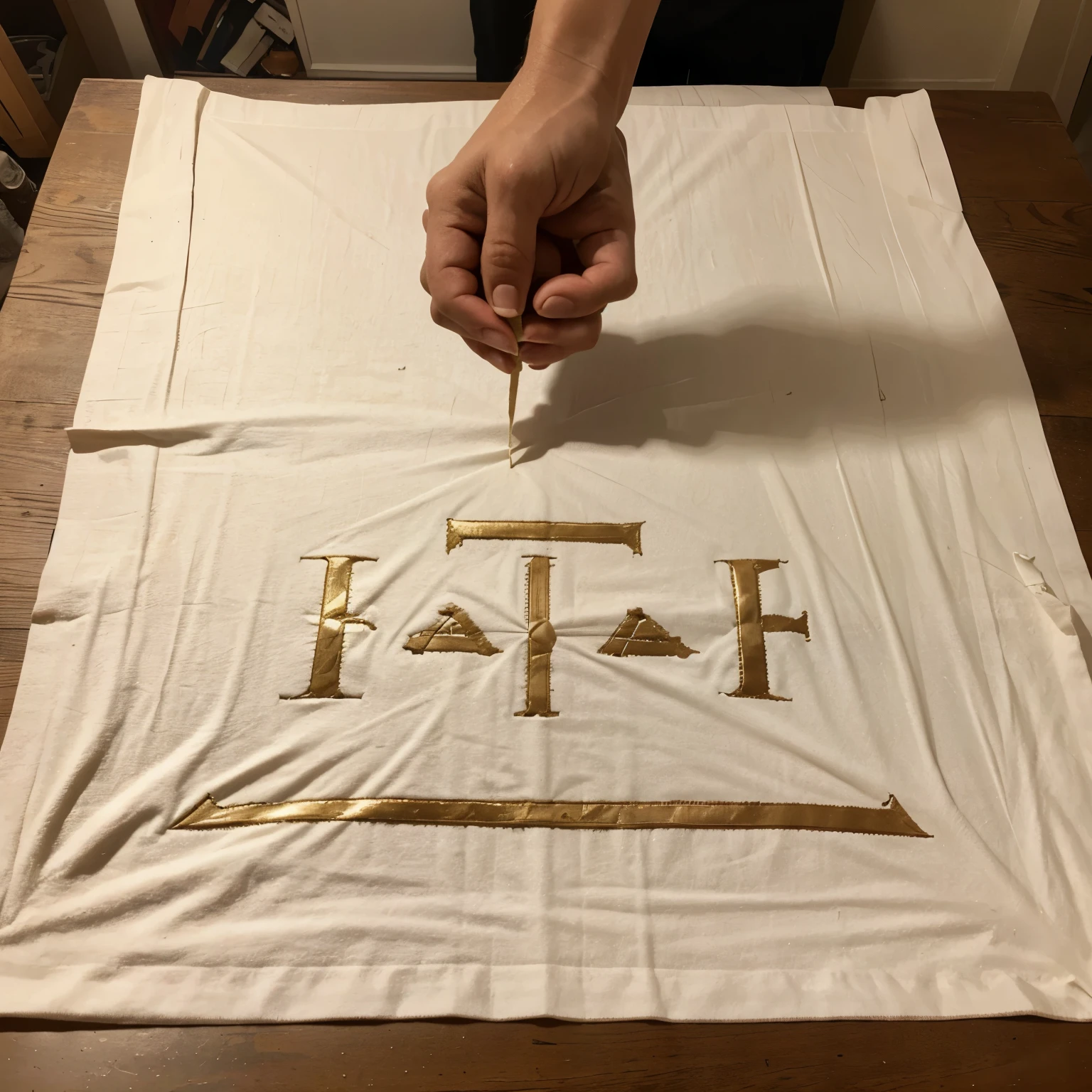Image of a homemade papyrus made from gauze and with the name Ana Luiza written on top in Egyptian letters