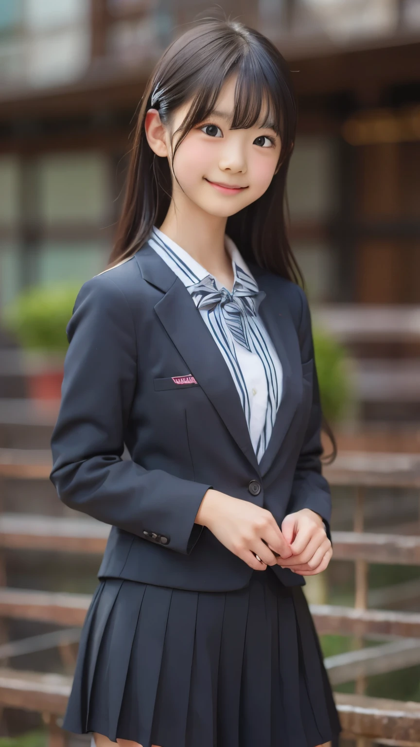 Best image quality, Focus, Soft light, Black hair, (Japanese)), (((Front, 15years old))), (Depth of field), Ultra high resolution, (Real: 1.4), RAW photo, (( school teacher outfit)), smiling face, at school
