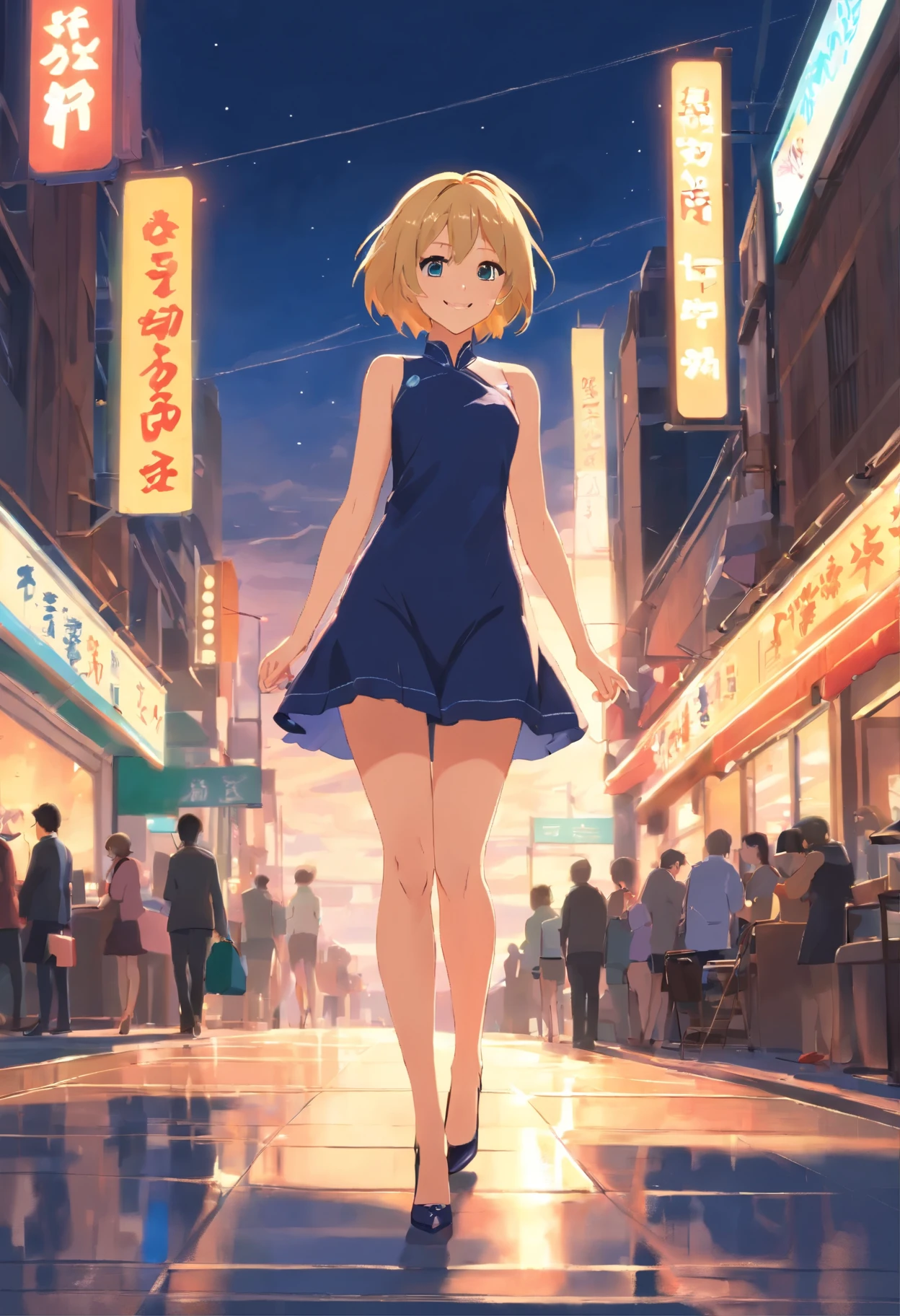 ((mejor calidad)) ((obra maestra)) Mujer rubia, parada de cuerpo completo, pelo corto, vestido de noche, negro, corto, high heels smiling friendly