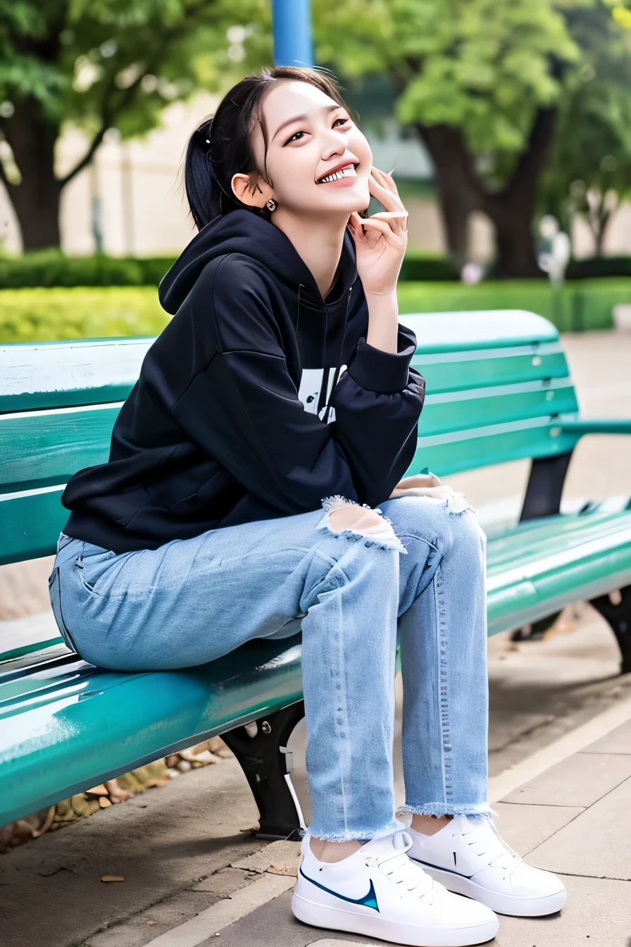 highest quality)), ((masterpiece)), (get used to it), perfect face、((highest quality)), A neat and beautiful woman sitting on a park bench、hoodie、skinny denim、sneakers、black hair、smile、smile showing teeth、full body photo、ear piercing