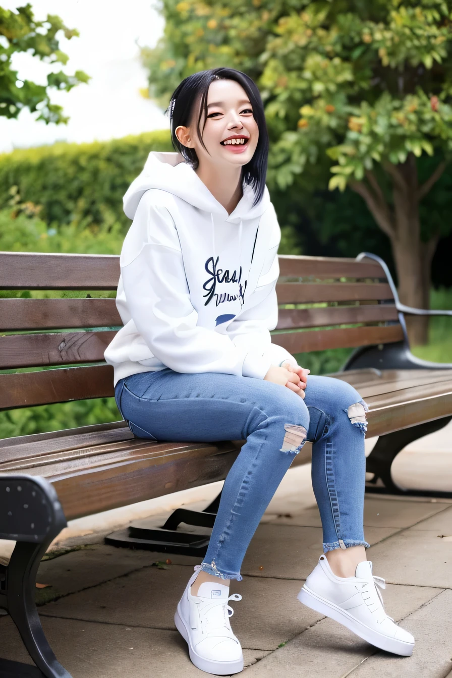 highest quality)), ((masterpiece)), (get used to it), perfect face、((highest quality)), A neat and beautiful woman sitting on a park bench、hoodie、skinny denim、sneakers、black hair、smile、smile showing teeth、full body photo、ear piercing