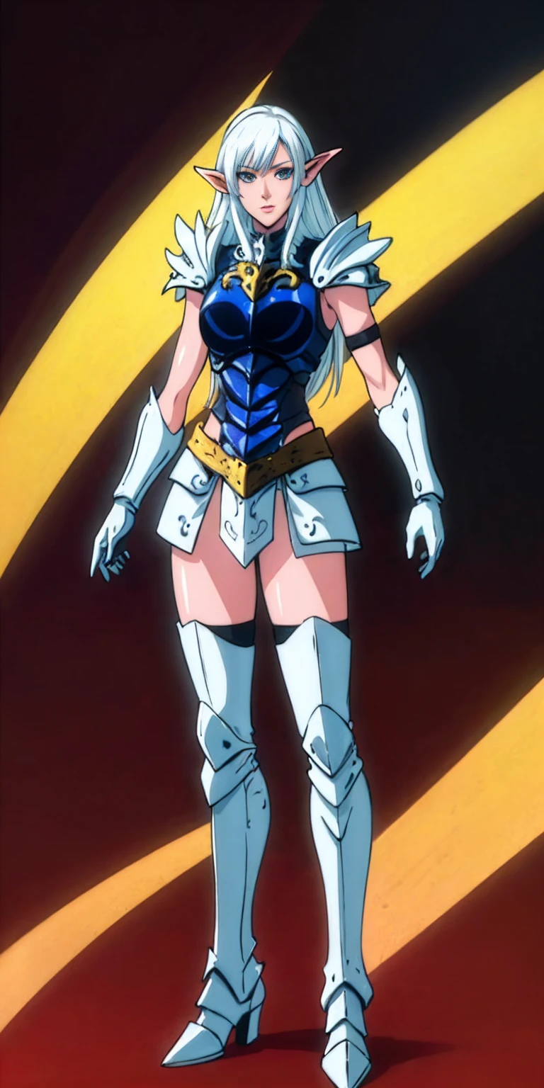 masterpiece, best quality, high quality, 1solo white SKIN elf, long hair, white hair, yellow eyes, full body, def_effie, blue breastplate, looking at viewer, shiny,armor, thighhighs, high boots,shoulder armor, faulds, poleyn, gloves, gauntlets