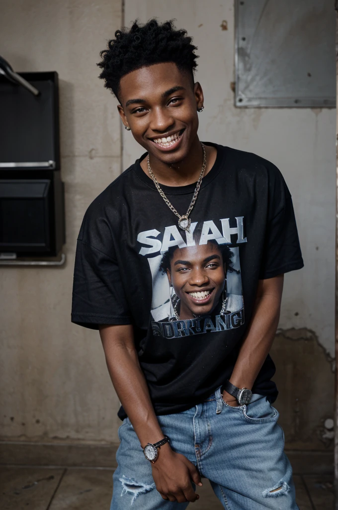 18 year old black boy smilling with a gap in his teeth that look like a vampire's in 3D in Los Angeles while holding an uzzi gun next to his face with nappy hair Amiri T Shirt and a diamond watch with a tornado chain on his chest and denim jeans and wearing Jordan sneakers and has a scar in his right eye