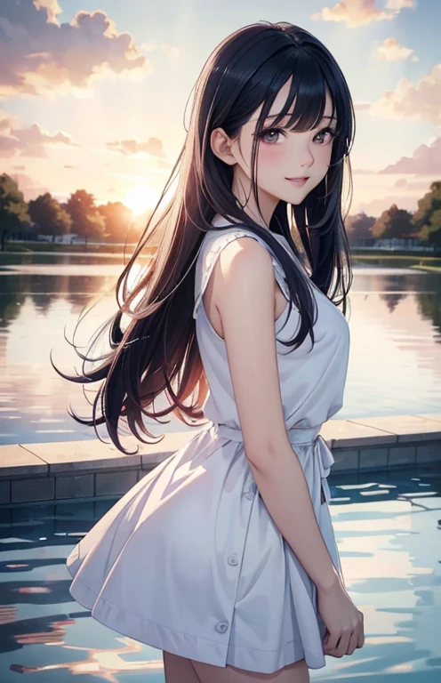 (Best quality: 10K Ultra HD) (Texture: Delicate) Sit quietly on the ground,The sky is like a pool of grass, clear blue water,Wear a curvy dress,The color of the skirt is similar to the blue sky,The deep and peaceful black eyes contain infinite tenderness。The black hair in the middle of the girl is flowing,Like a summer breeze blowing flowers in the bushes,A breath of natural freshness pervades the picture。 --auto