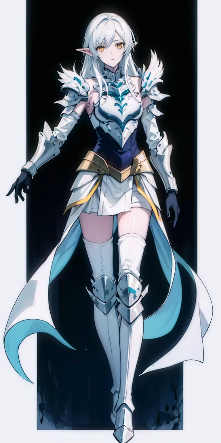 masterpiece, best quality, high quality, 1solo white SKIN elf, long hair, white hair, yellow eyes, full body, def_effie, blue breastplate, looking at viewer, shiny,armor, thighhighs, high boots,shoulder armor, faulds, poleyn, gloves, gauntlets